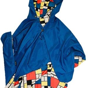 RainCaper Reversible Waterproof Poncho in Blue Piet Mondrian Composition Pattern